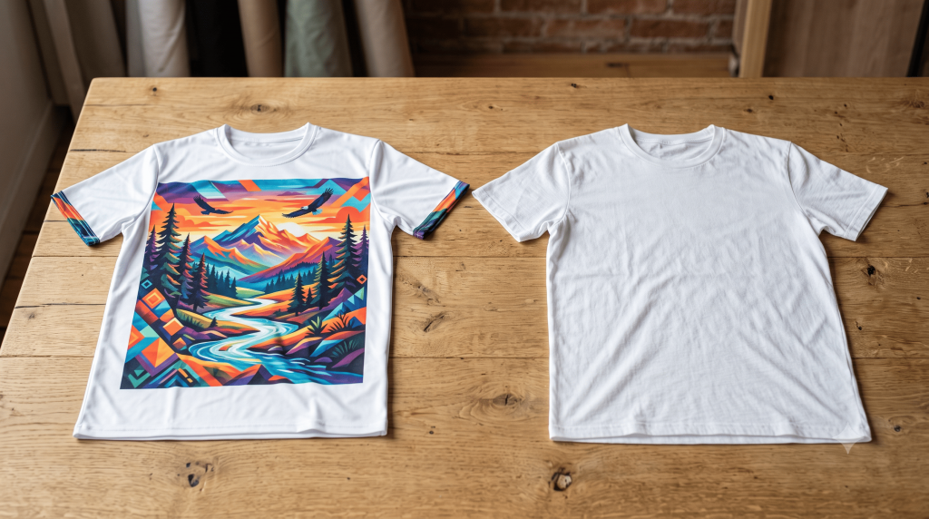 เปรียบเทียบเสื้อ Polyester กับ Cotton สำหรับงาน Sublimation โดยเสื้อ Polyester พิมพ์ลายสีสดคมชัด ส่วนเสื้อ Cotton ไม่เหมาะกับการพิมพ์ซับลิเมชัน