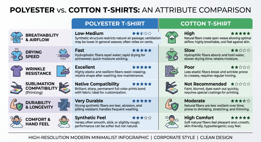 อินโฟกราฟิกเปรียบเทียบข้อแตกต่างระหว่างผ้า Polyester และ Cotton ทั้งด้านความสบาย ความทนทาน และความเหมาะสมกับงาน Sublimation