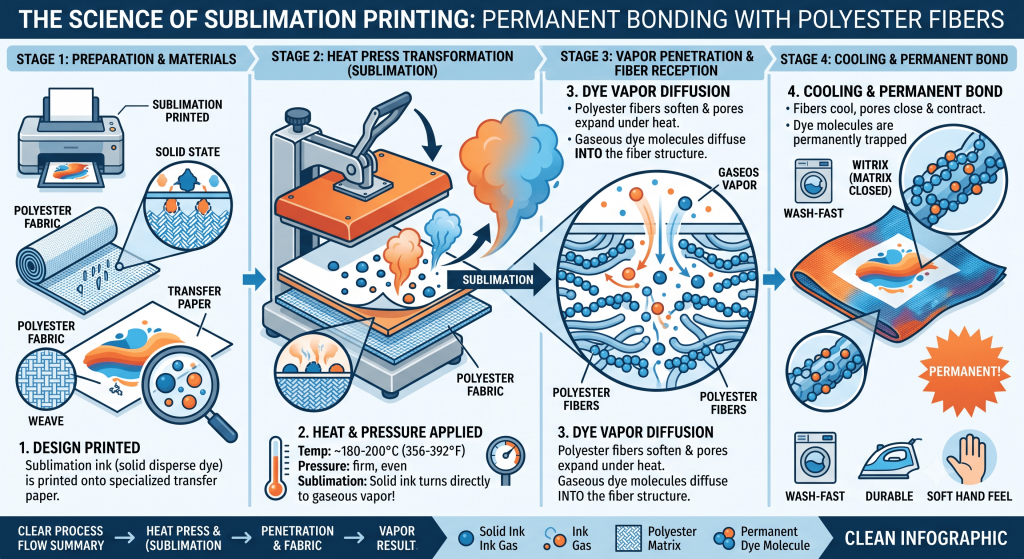 แผนภาพอธิบายหลักการพิมพ์ Sublimation โดยหมึกซึมเข้าสู่เส้นใย Polyester ภายใต้ความร้อน